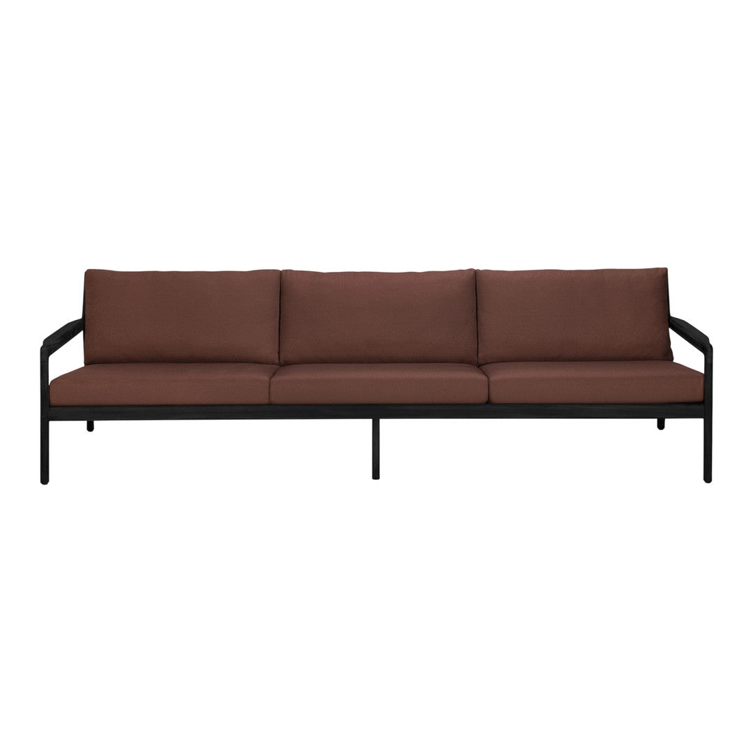 Brown three-seater sofa with black metal frame and smooth cushions, perfect for modern interiors.
