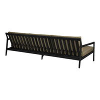 Black wooden frame sofa with neutral beige cushions and slatted back design, perfect for modern outdoor styling.