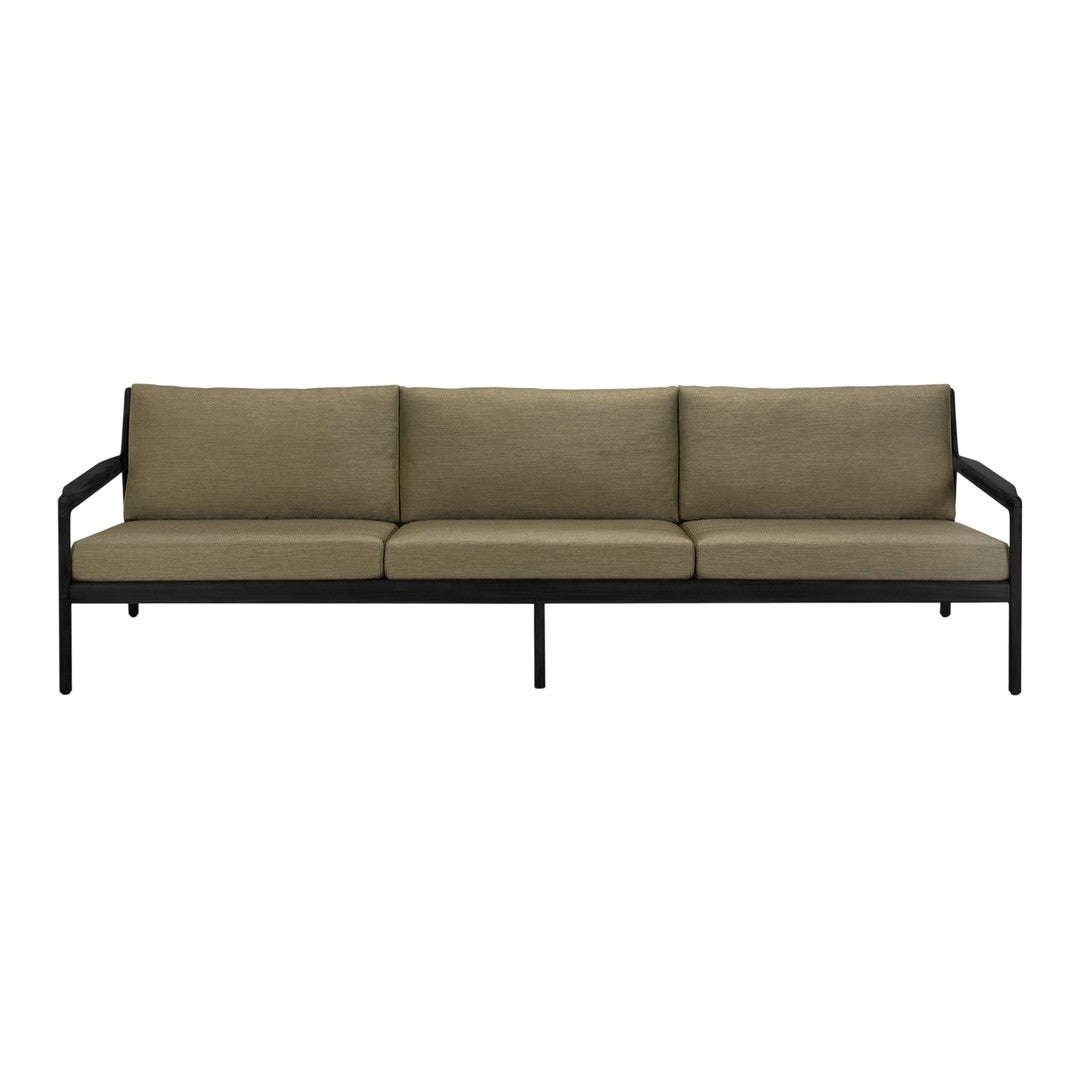 Modern three-seat sofa with olive green cushions and a sleek black metal frame. Minimalist design, ideal for contemporary spaces.