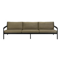 Modern three-seat sofa with olive green cushions and a sleek black metal frame. Minimalist design, ideal for contemporary spaces.