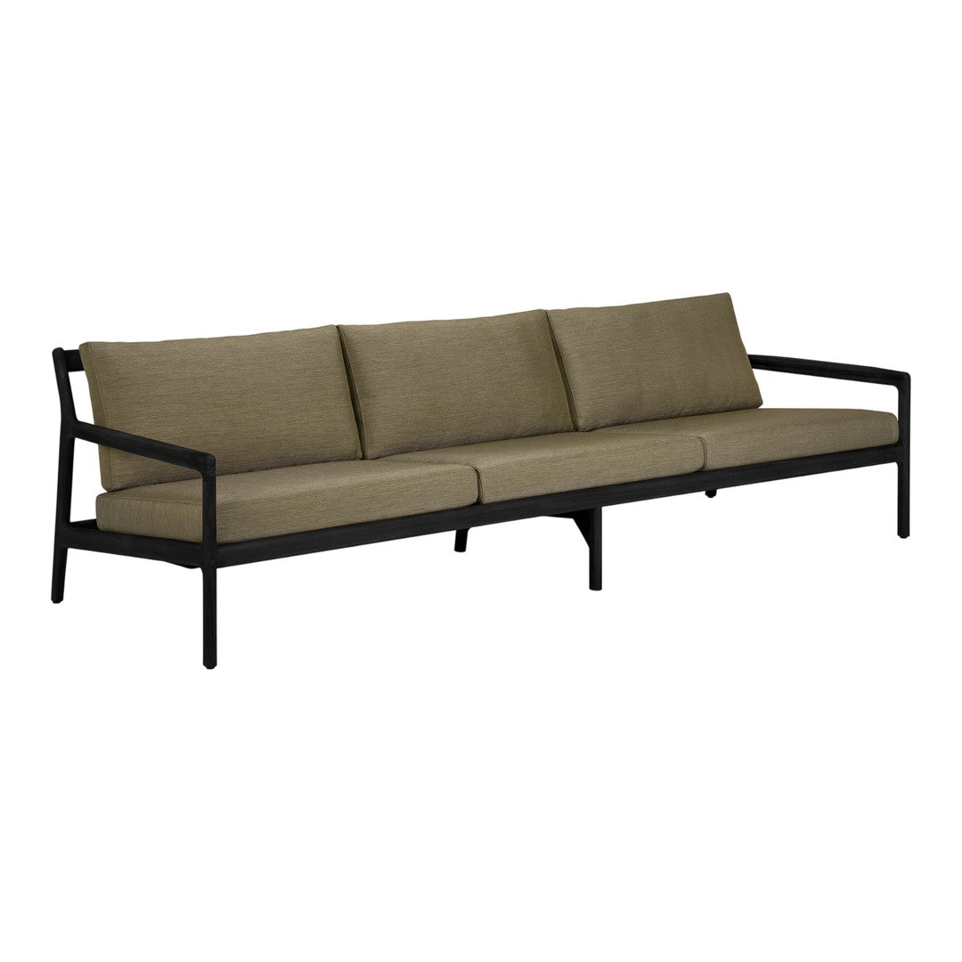 Stylish outdoor sofa with a dark frame and rich olive green cushions, featuring a sleek, minimalist design.