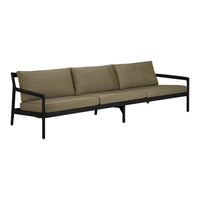 Stylish outdoor sofa with a dark frame and rich olive green cushions, featuring a sleek, minimalist design.