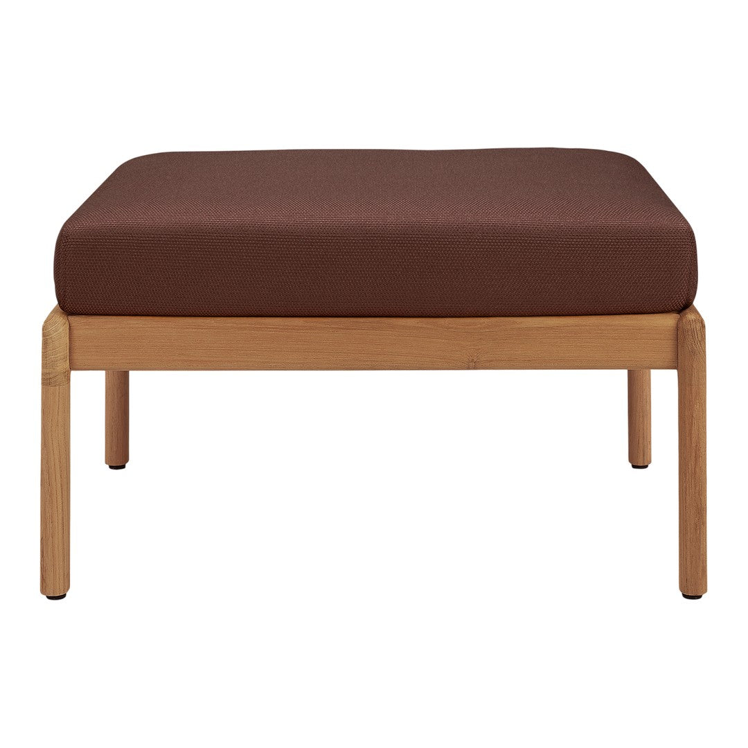 Brown cushioned ottoman with a textured pattern and light wood legs, perfect for modern decor.