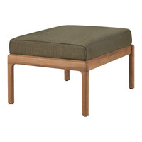 Olive green upholstered ottoman with a sleek natural wood frame, perfect for modern decor.