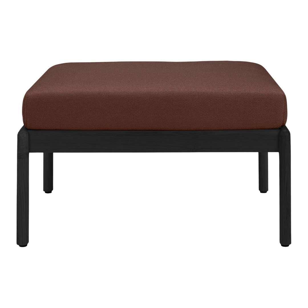 Brown cushioned ottoman with a textured surface and sleek black frame, perfect for modern decor.