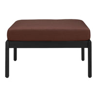 Brown cushioned ottoman with a textured surface and sleek black frame, perfect for modern decor.