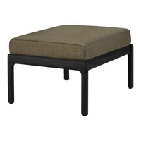 Olive green cushion on a sleek black frame, perfect for modern outdoor or indoor spaces. Stylish and versatile design.
