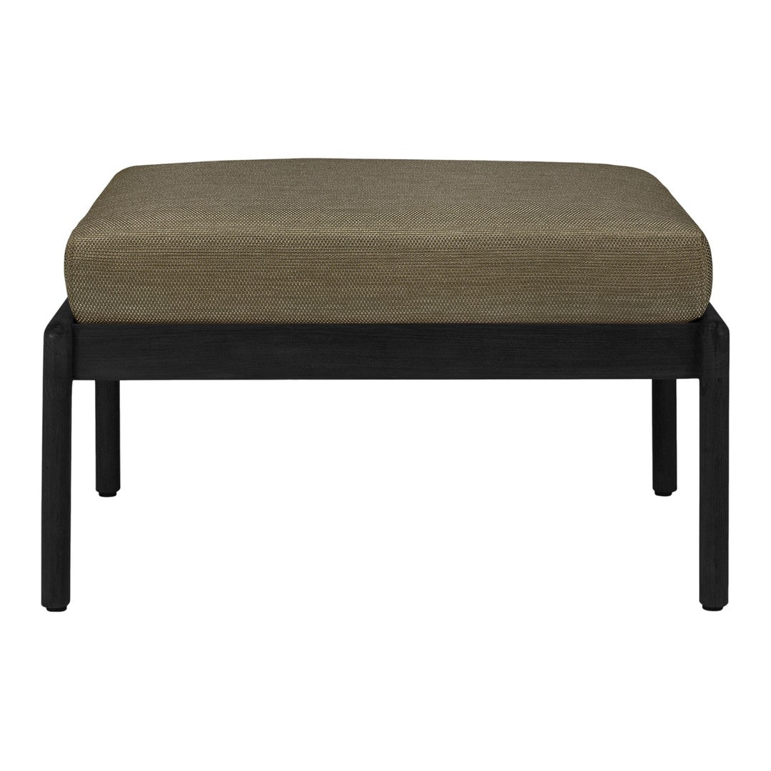 Vintage black-framed ottoman with a textured, neutral beige cushion. Ideal for modern and rustic decor.
