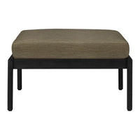 Vintage black-framed ottoman with a textured, neutral beige cushion. Ideal for modern and rustic decor.