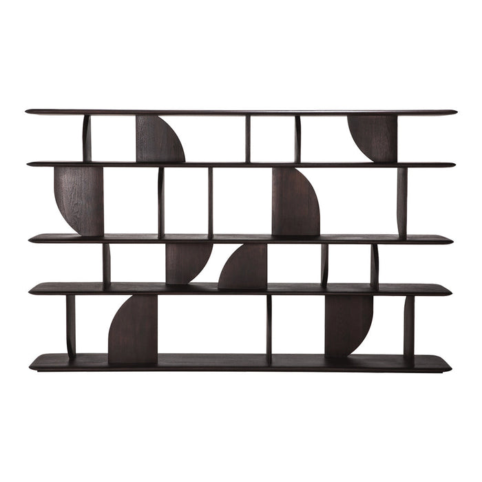 Modern dark wood shelf with geometric cutouts in circular and rectangular patterns. Stylish and functional design.