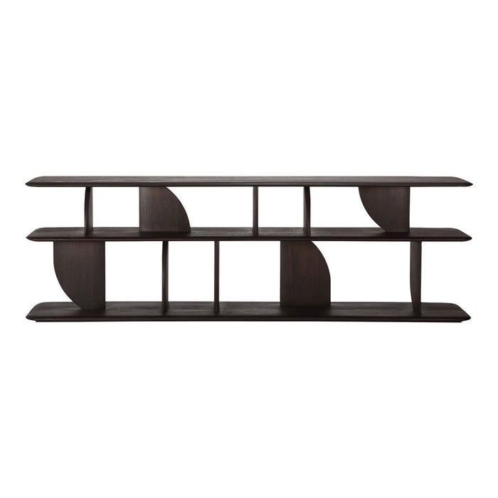 Dark wood bookshelf with geometric patterns and open shelving design, featuring curved and straight elements.