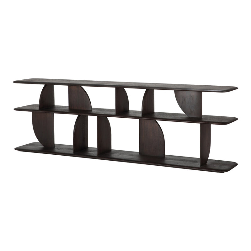 Dark brown bookshelf with modern geometric cutouts and sleek, minimalist design. Perfect for contemporary decor.