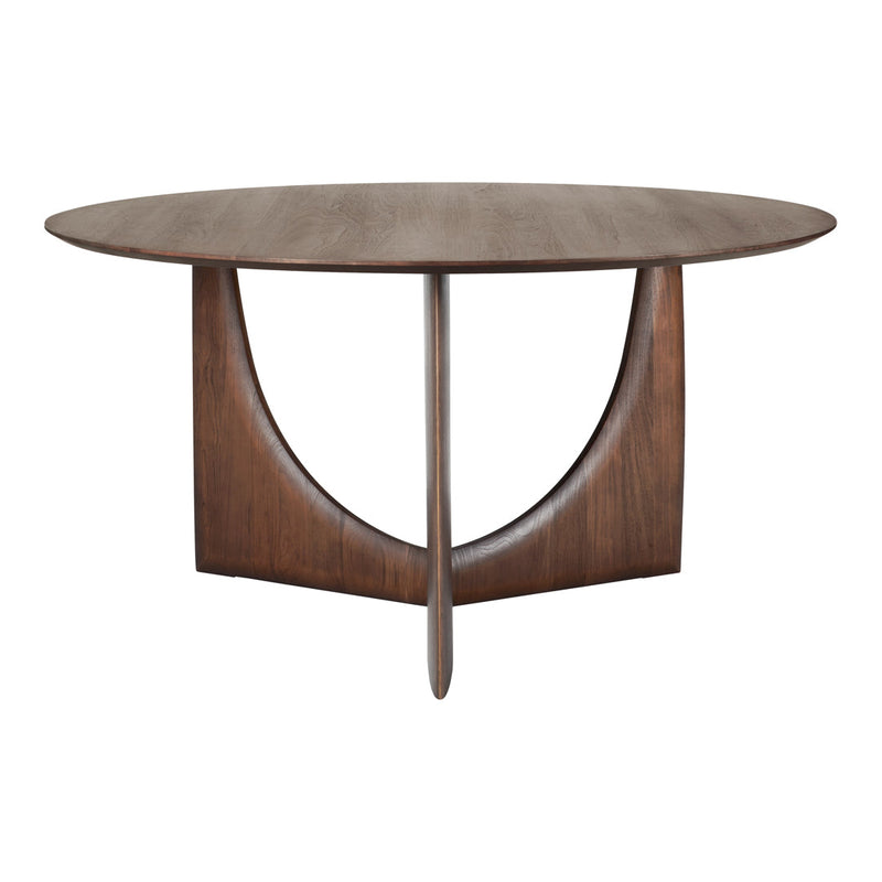 Round wooden dining table with a rich brown finish and a unique curved base design. Elegant mid-century modern style.