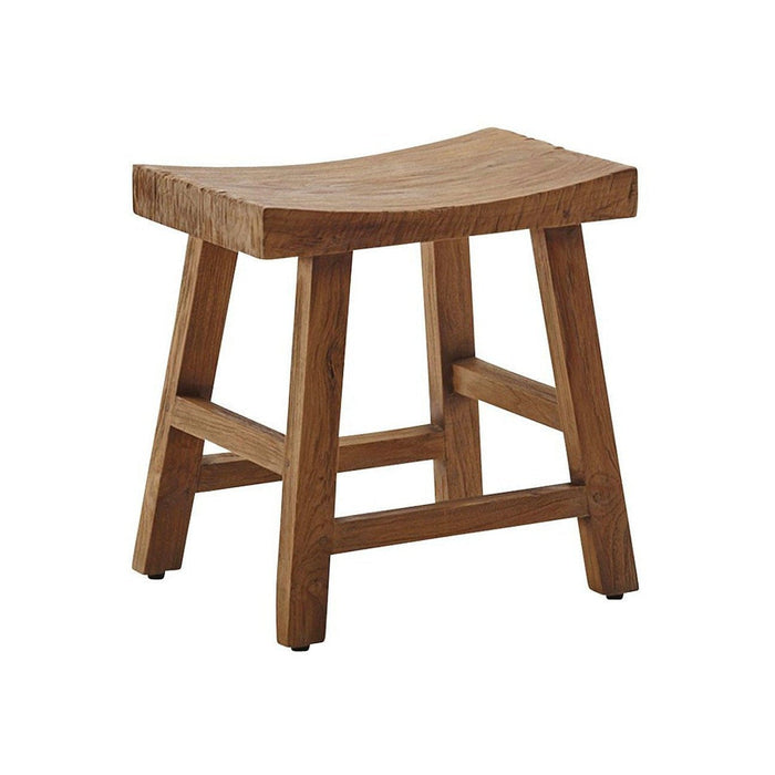 Natural wood stool with a curved seat and rustic brown finish, showcasing unique grain patterns. Perfect for any decor.