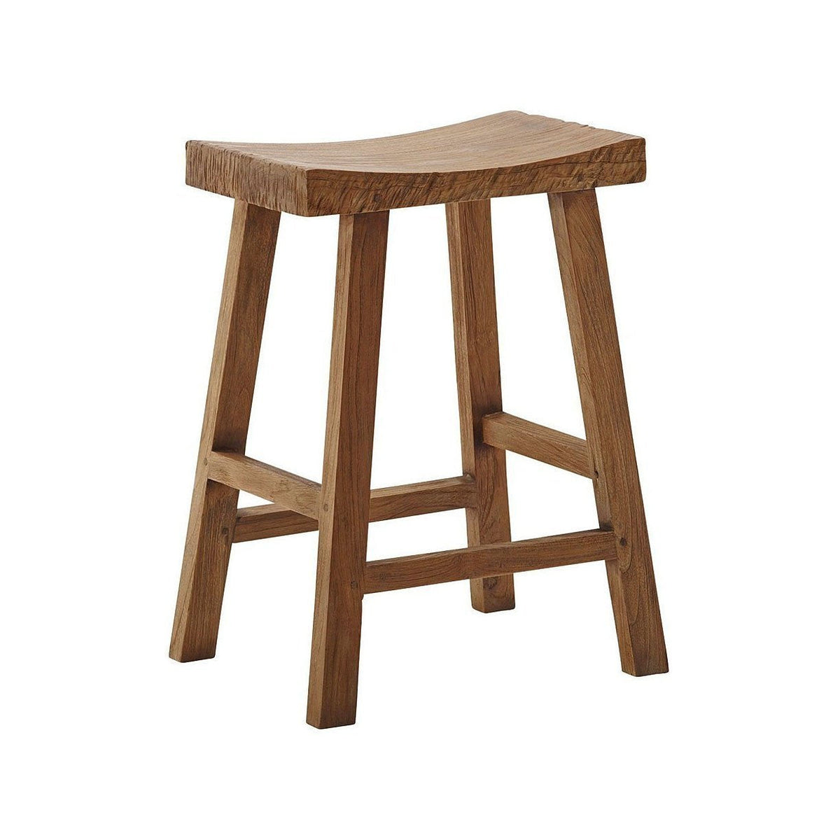 Natural wood bar stool with a rustic finish and smooth, curved seat design. Ideal for stylish, contemporary interiors.