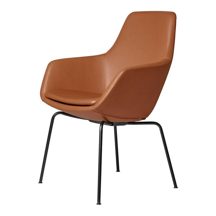Brown modern chair with smooth leather upholstery and sleek black metal legs. Ideal for contemporary interiors.