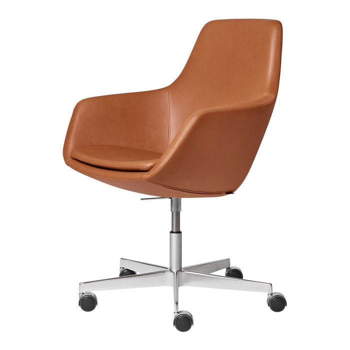 Brown faux leather office chair with a smooth finish and minimalist design, featuring a chrome swivel base.