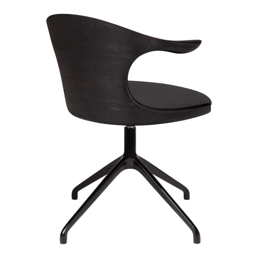Black wooden chair with a curved back and sleek, modern design, featuring a matte finish and five-spoke base.