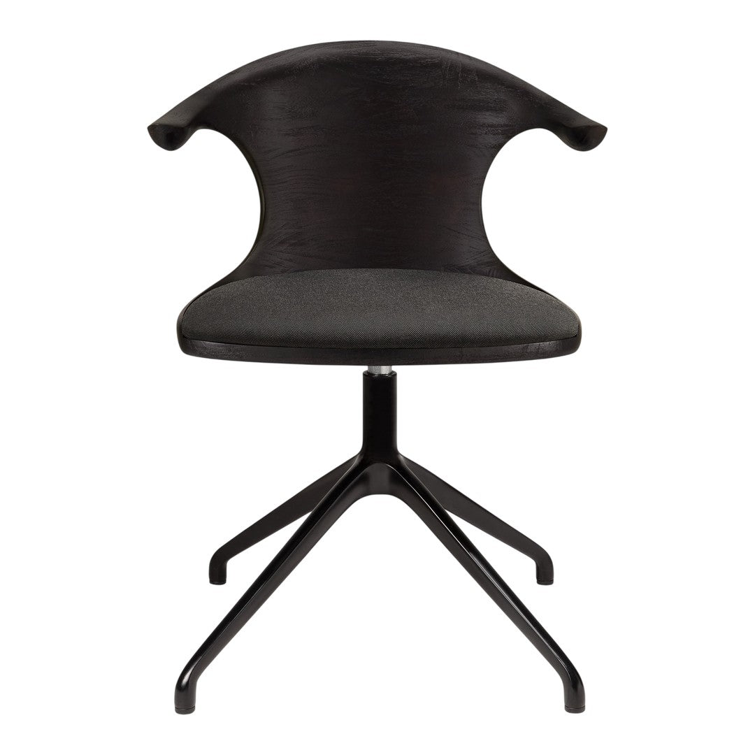 Black modern chair with a textured fabric seat and sleek, minimalist design. Features a unique curved backrest pattern.