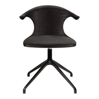 Black modern chair with a textured fabric seat and sleek, minimalist design. Features a unique curved backrest pattern.