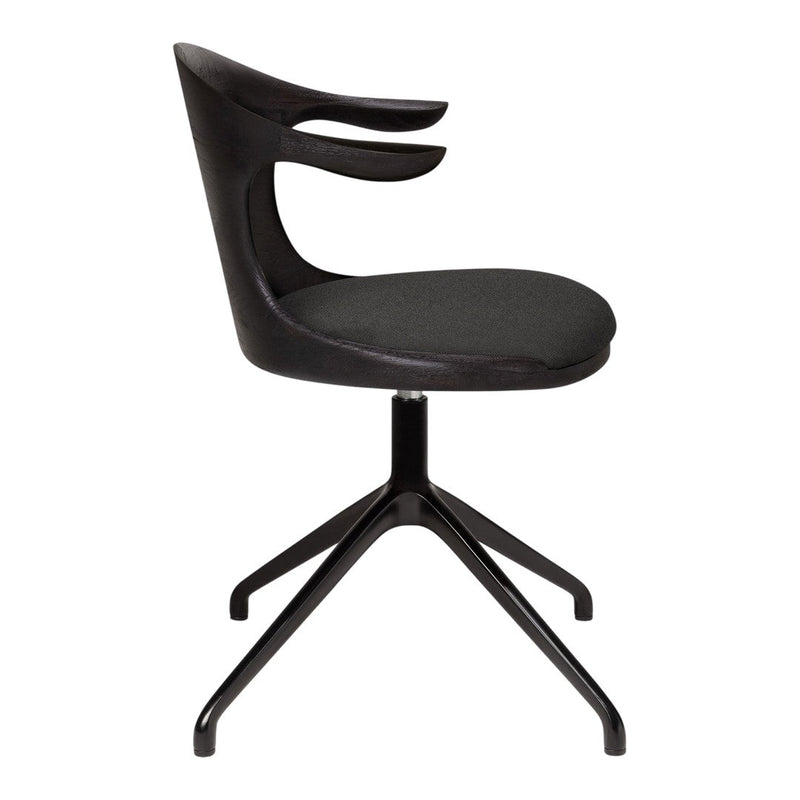Black swivel chair featuring a sleek curved back and minimalist design with a matte finish.