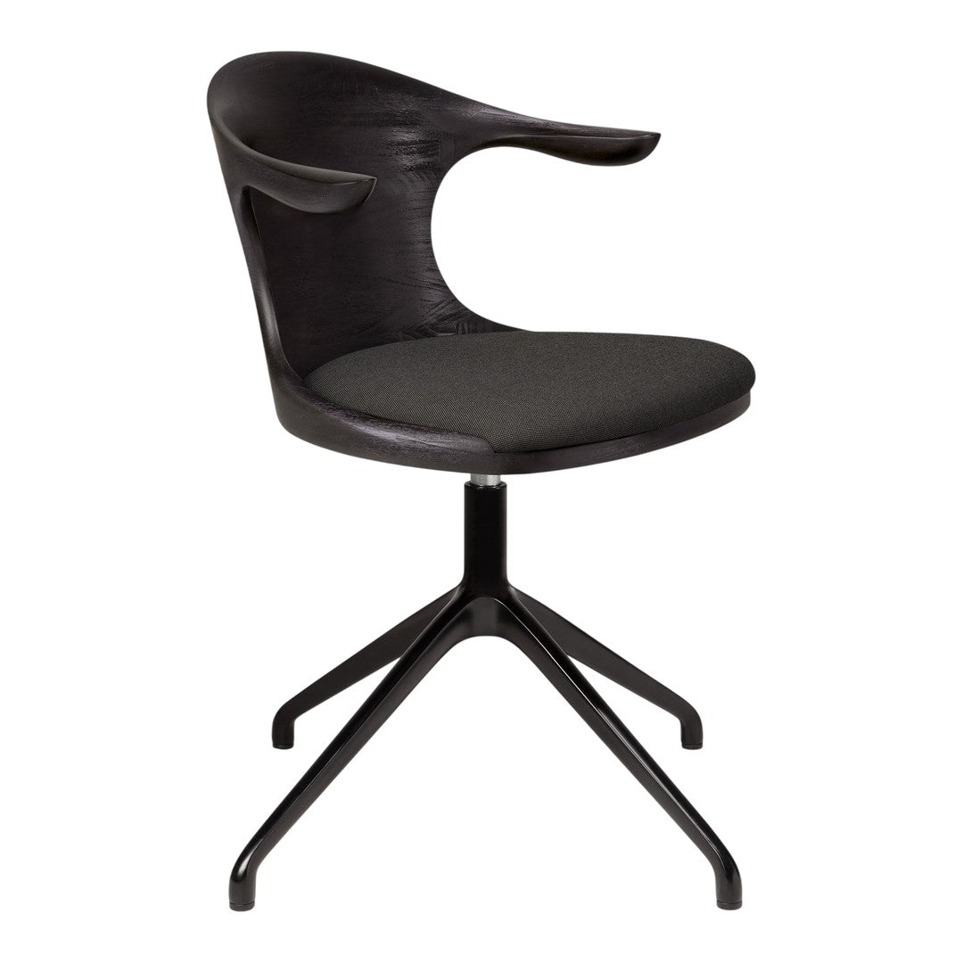 Black swivel chair with a sleek, modern design and smooth curved back. Features a minimalistic aesthetic.