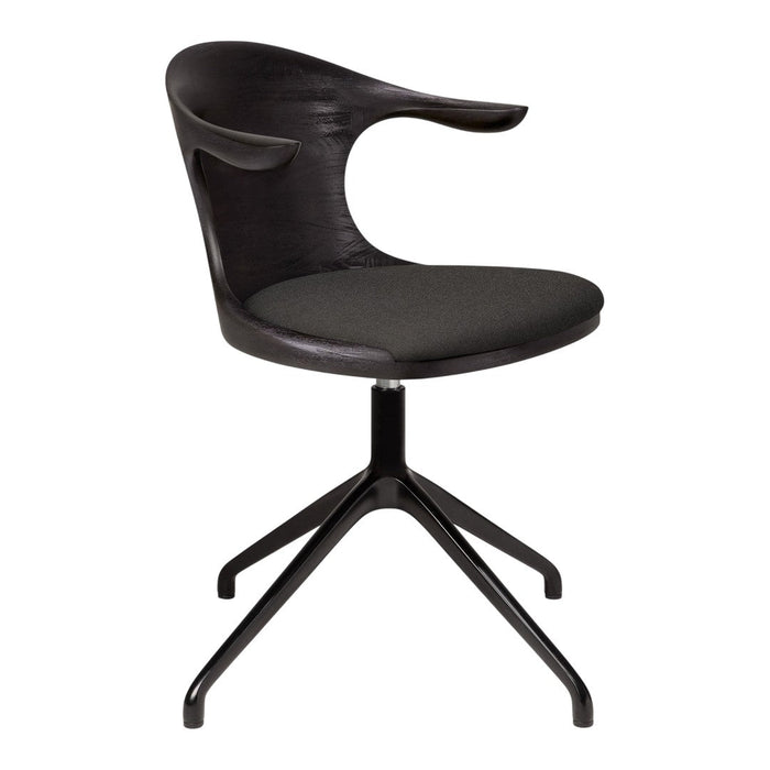 Black swivel chair with a sleek, modern design and smooth curved back. Features a minimalistic aesthetic.
