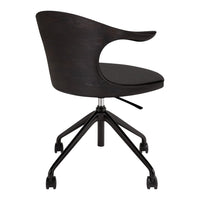 Black swivel chair with a sleek wooden seat and back, featuring a minimalist design and sturdy metal base.