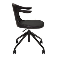 Black ergonomic chair with a sleek design and subtle curved patterns, set on a rolling base.