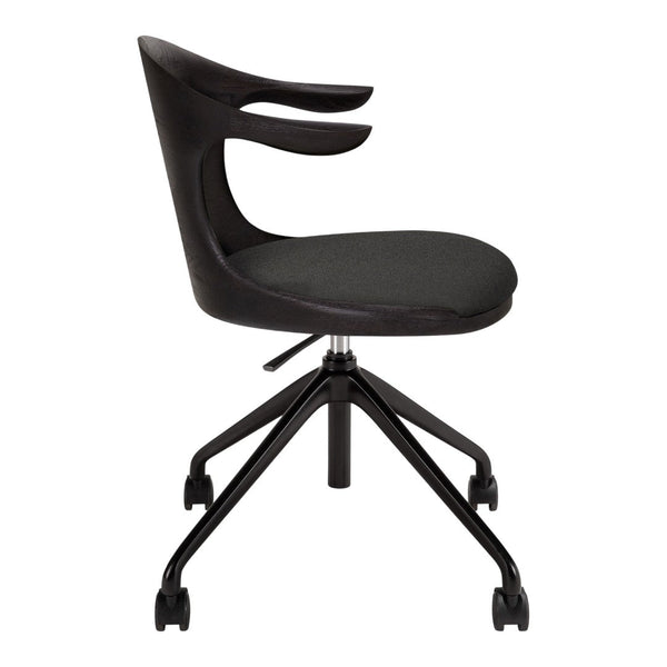 Black ergonomic chair with a sleek design and subtle curved patterns, set on a rolling base.