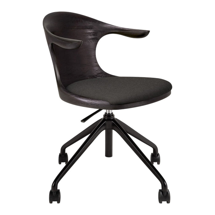 Modern black office chair with a curved backrest and sleek fabric seat, featuring a minimalist design and five-wheel base.