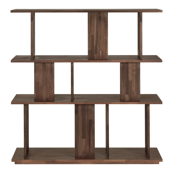 Walnut wood bookshelf with a sleek, modern design featuring rich brown tones and a contemporary geometric pattern.