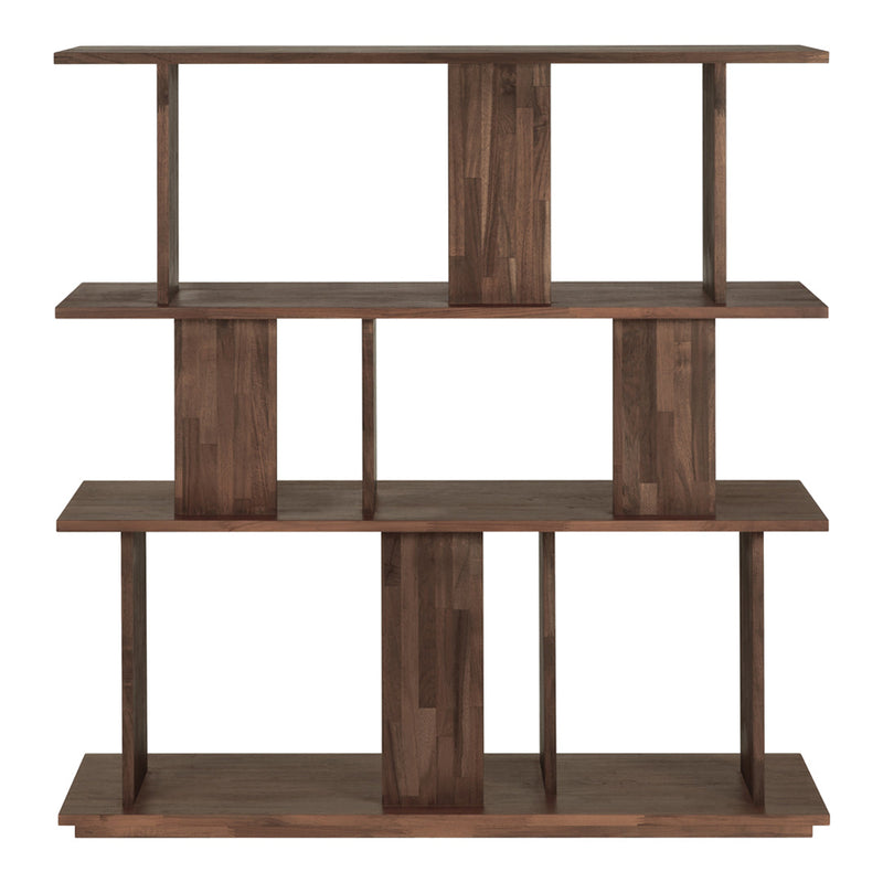 Walnut wood bookshelf with a sleek, modern design featuring rich brown tones and a contemporary geometric pattern.