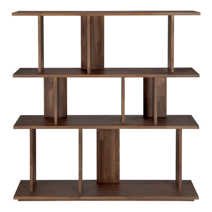 Modern walnut wood bookshelf with a sleek, geometric pattern and dark brown finish, featuring open shelving design.