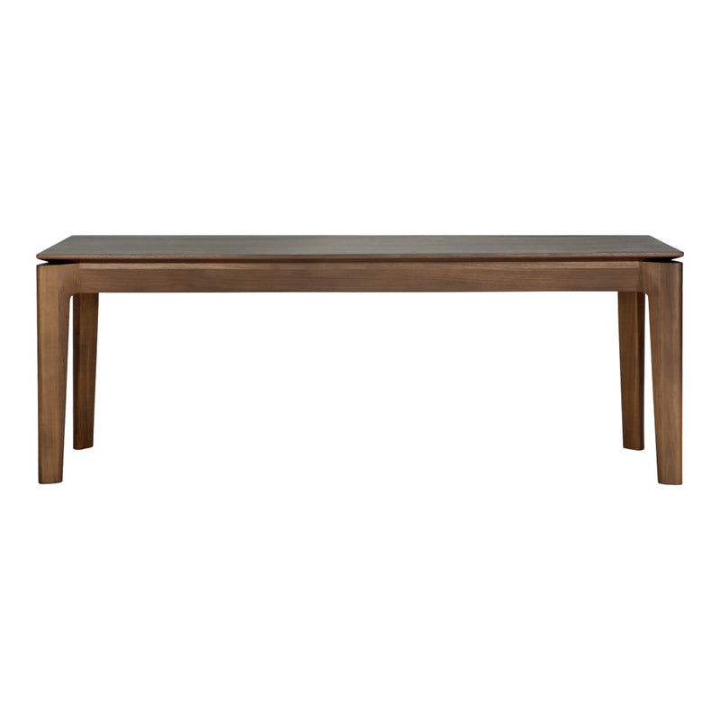 Wooden dining table with a rich brown finish and a smooth, subtle surface. Simple, modern design with straight edges.
