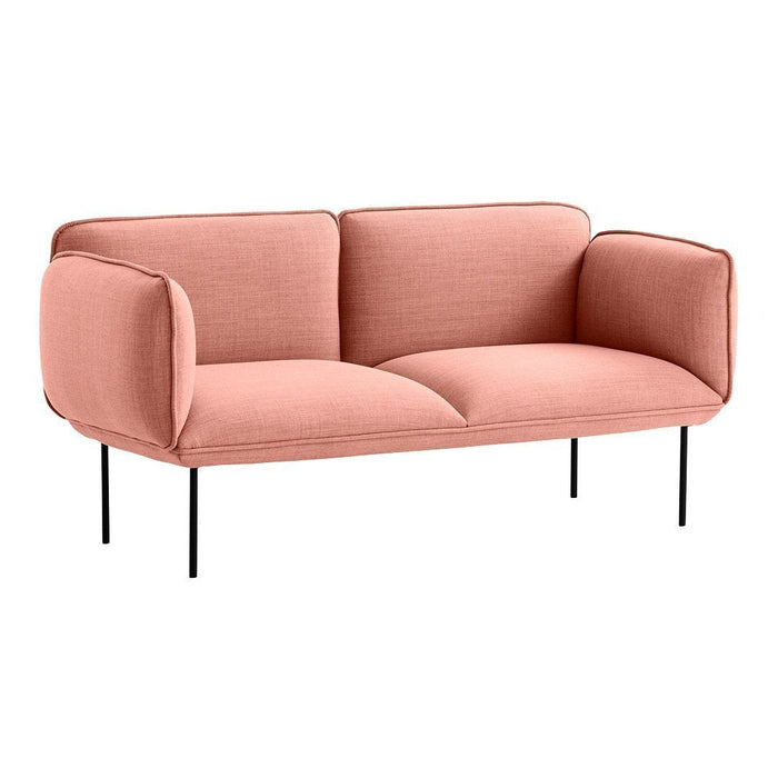 Peach-colored fabric sofa with a minimalist design and subtle texture, featuring black metal legs.