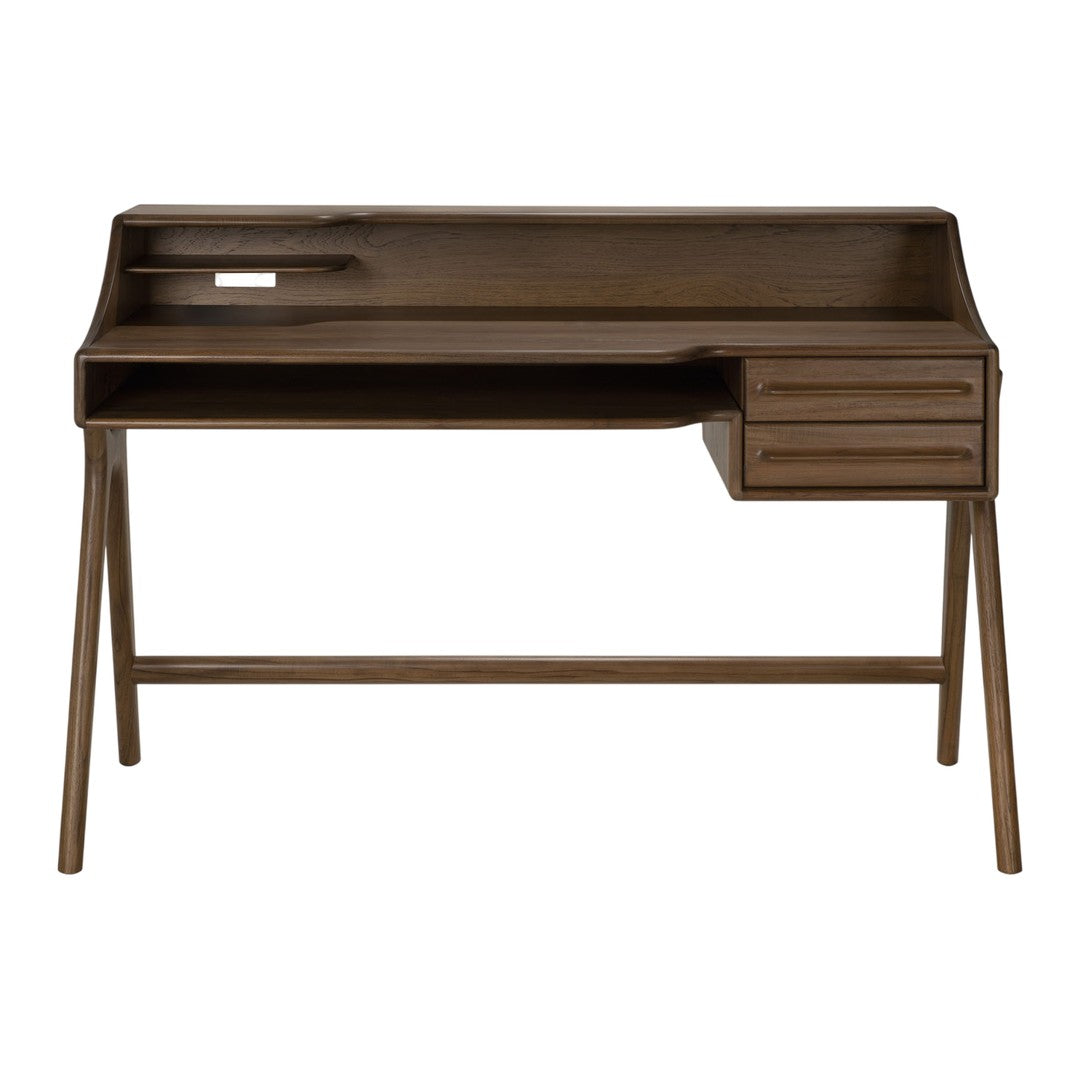 Brown wooden desk with a sleek, minimalist design and smooth finish, featuring subtle grain patterns.
