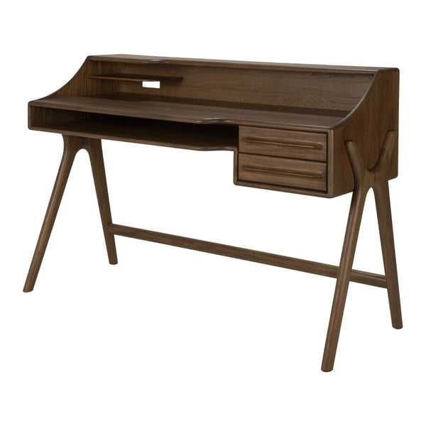 Wooden desk in rich brown finish with clean lines and minimalist design, featuring subtle drawer accents.
