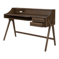 Mid-century modern desk in dark wood finish, featuring sleek lines and minimalistic design with subtle drawer accents.