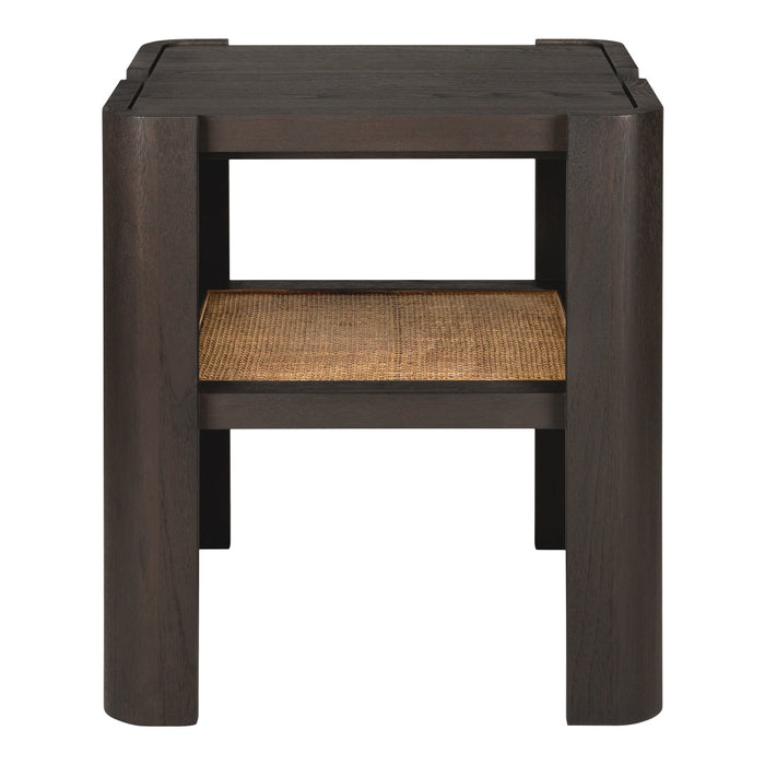 Dark wood side table with a woven natural fiber shelf, featuring a minimalist design and smooth, rich finish.