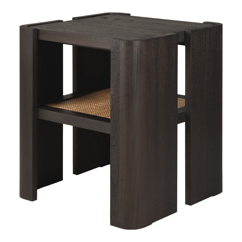 Dark wood side table with smooth finish and woven natural fiber shelf, perfect for modern decor.