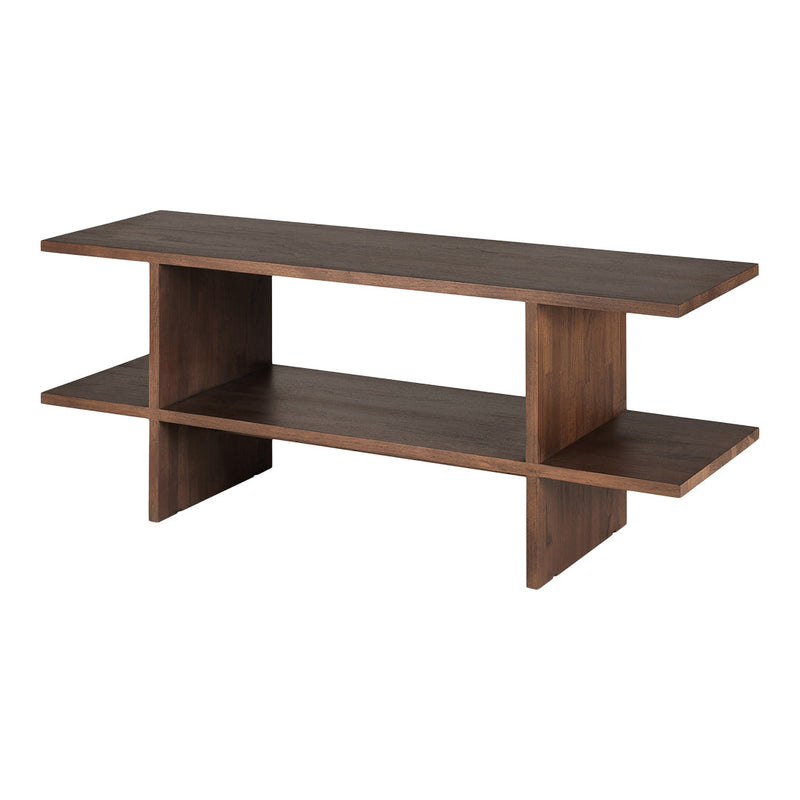Brown wooden TV stand with a sleek, modern design and open shelves, showcasing a rich, natural wood grain pattern.