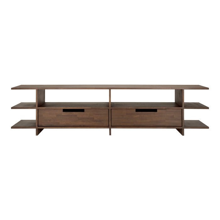 "Modern wooden TV stand in warm brown with two drawers and open shelving, featuring a sleek, minimalist design."