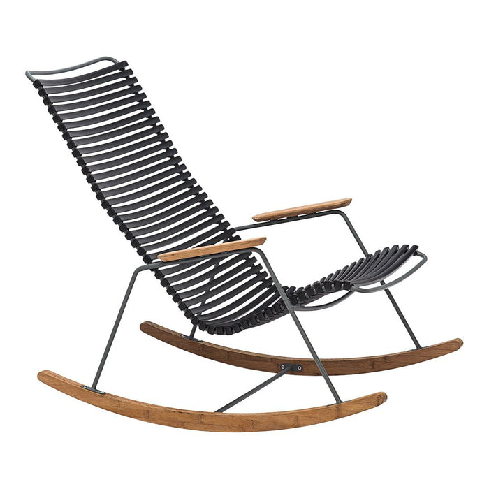 Stylish black and wooden rocking chair with horizontal stripe pattern for modern decor.