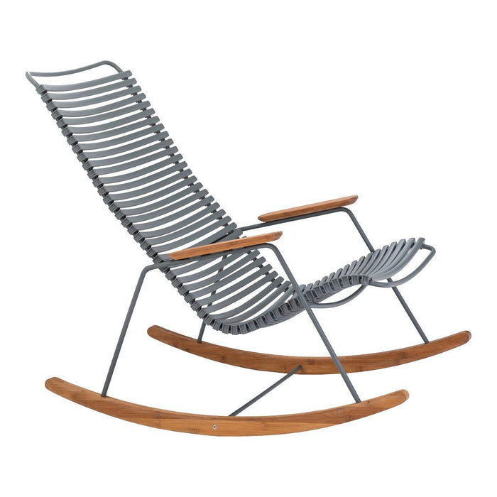 Gray striped rocking chair with wooden armrests and curved wooden base, ideal for modern interiors.