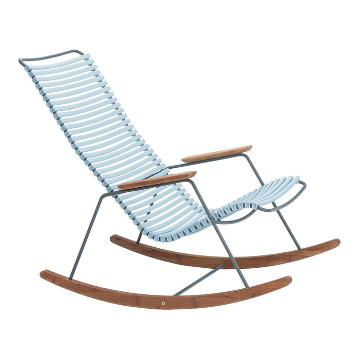 Blue and white striped rocking chair with natural wood accents. Modern design perfect for casual outdoor or indoor settings.