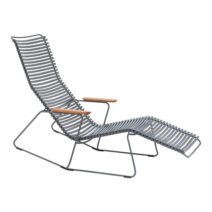 Gray lounge chair with a striped pattern and wooden armrests, perfect for modern decor.
