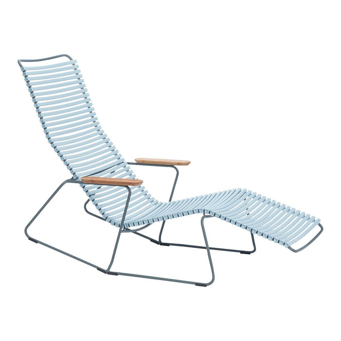 Striped blue and white lounge chair with natural wood armrests, stylish and modern design for outdoor relaxation.