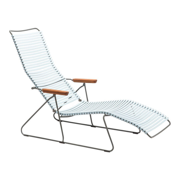 "Blue and white striped folding lounge chair with wooden armrests, perfect for outdoor relaxation."