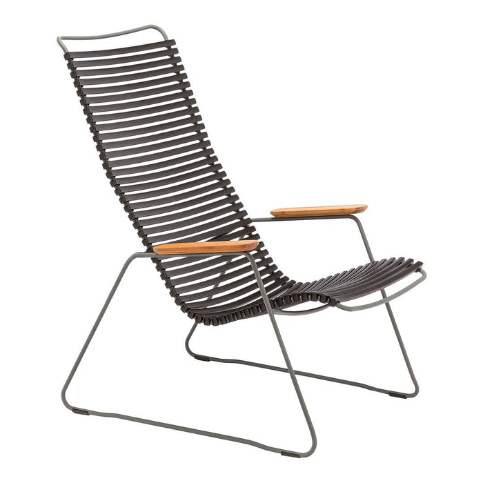 Black and gray striped lounge chair with wooden armrests, featuring a modern, minimalist design.